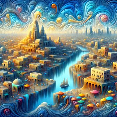 The primary subject of the image is a cityscape with a large body of water, featuring a boat and a city skyline. The setting is a futuristic city with a mix of old and new architecture. The visual style is a combination of digital art and illustration, creating a vibrant and dynamic scene. The colors and mood of the image are predominantly blue and orange, giving it a lively and energetic atmosphere.